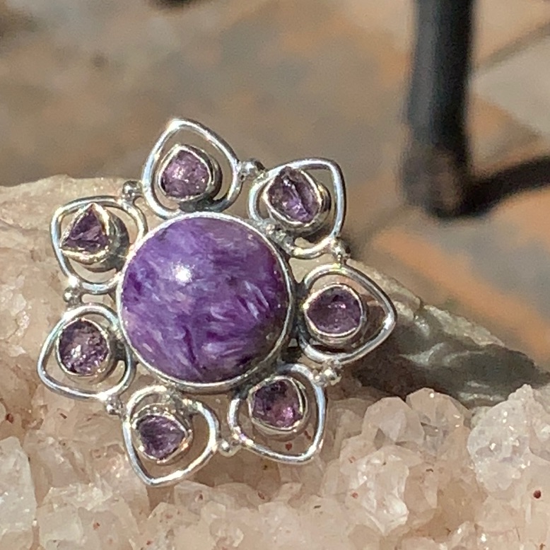 Natural Siberian Charoite & Amethyst 925 Sterling Silver Ring, Size 7.25